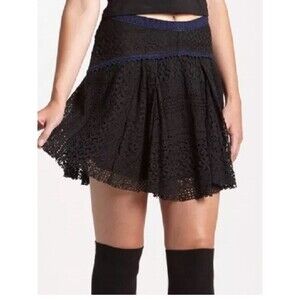 Free People Black Crochet Lace Mini Skirt 8 $98  Blue Trim Boho Festival Granola